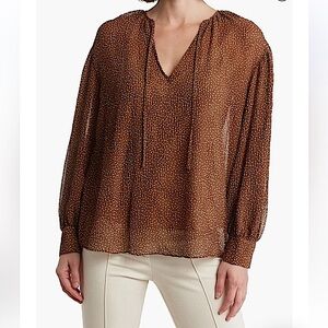 VINCE Tie Neck Brown & Cream Polka Dot Long Sleeve Blouse
